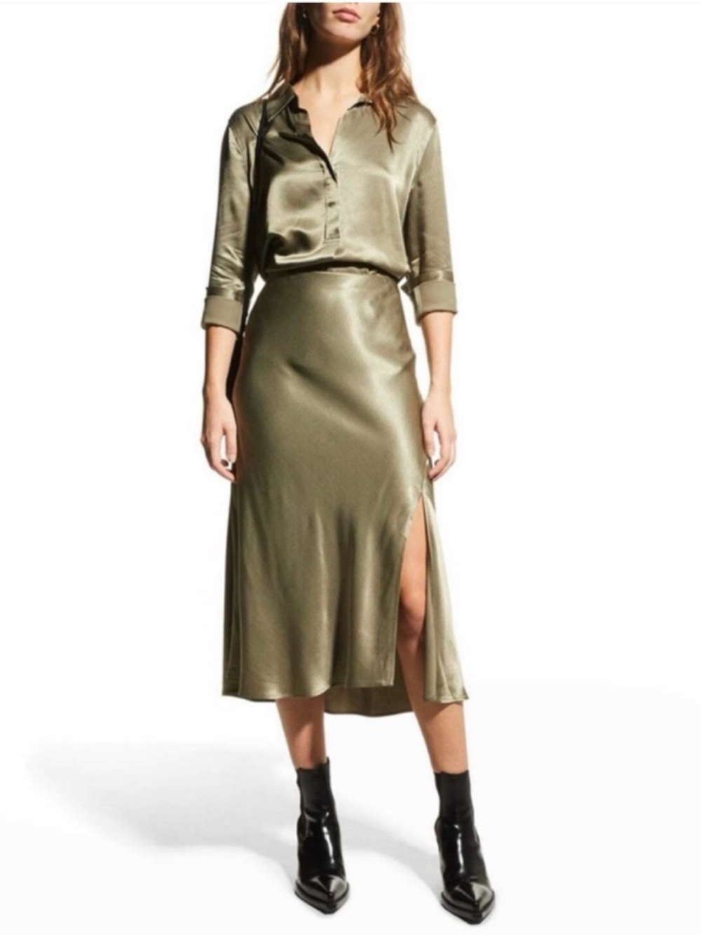 RAILS Maya Satin Slip Skirt in Olive Green Midi, Size XS